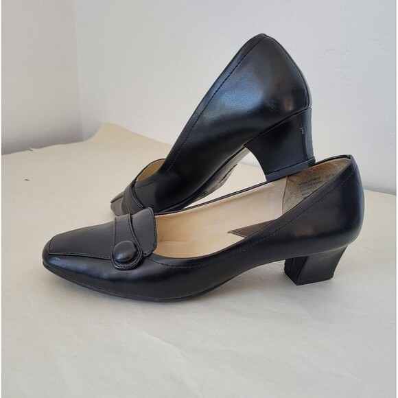 George Pumps Black Block Low Heel Almond Toe Office Modest Preppy Retro Office 8 - Picture 2 of 7
